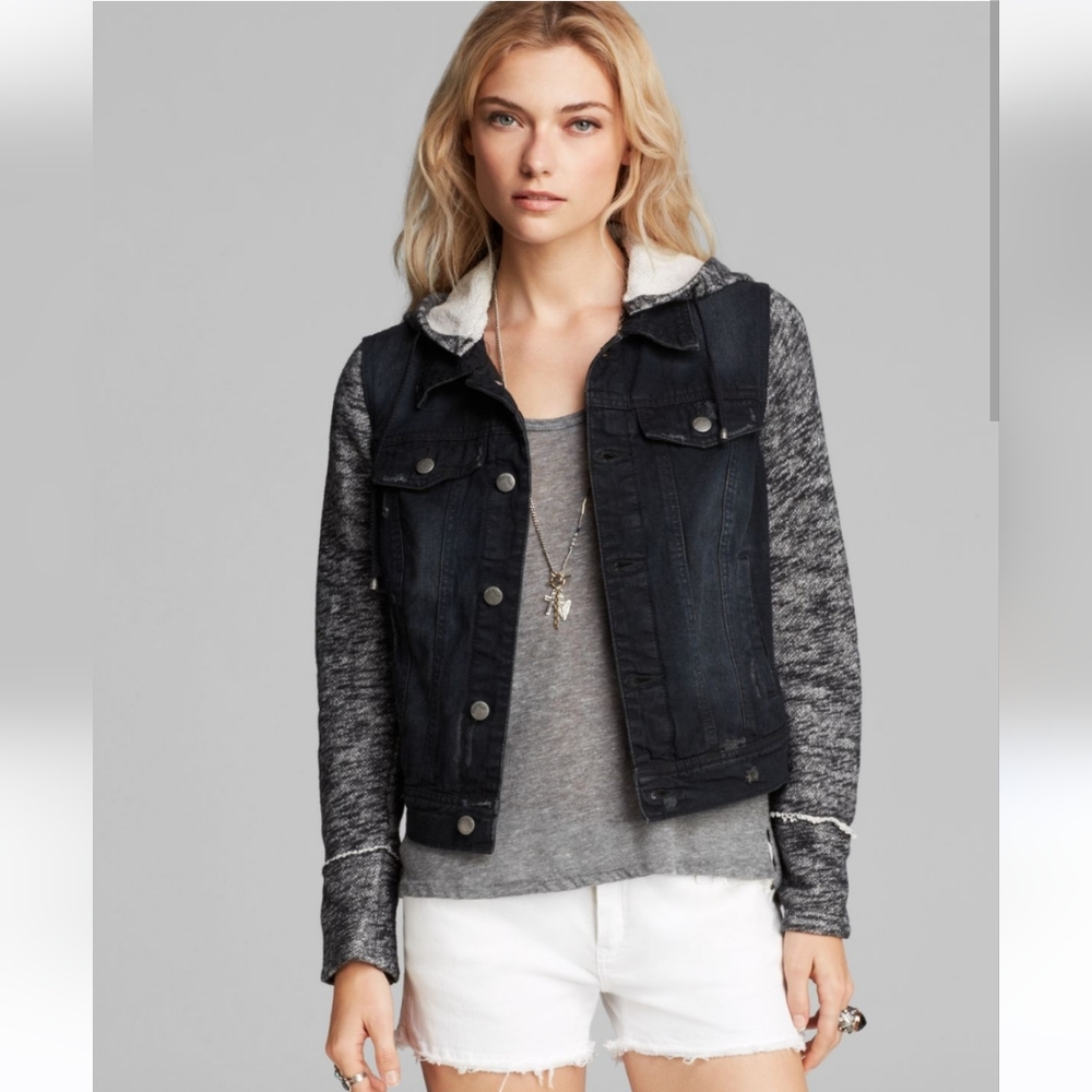 Free People Black Denim and Knit Hooded Jacket